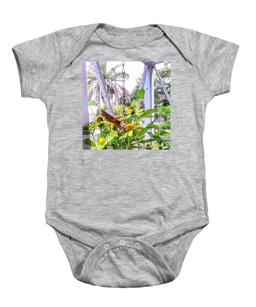 Grasshopper Baby Onesie featuring the photograph Contemplating by Suzanne Berthier