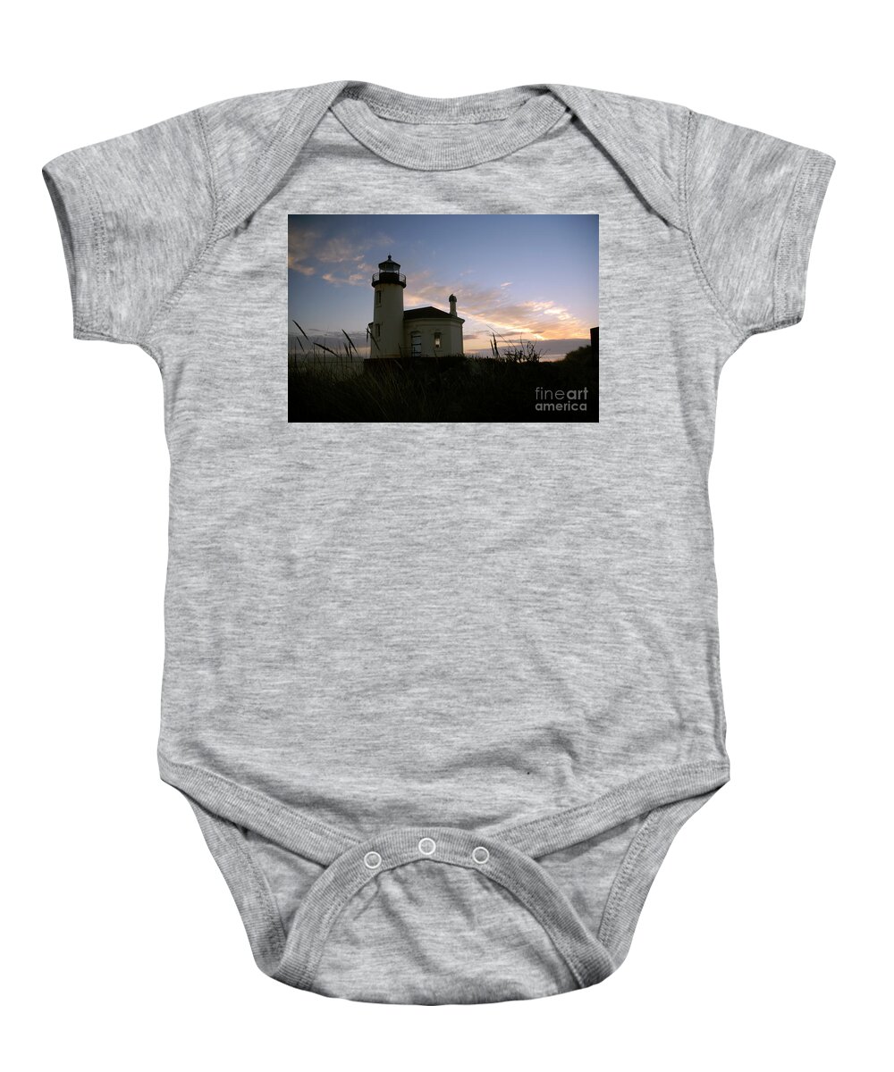 Denise Bruchman Baby Onesie featuring the photograph Coquille River Lighthouse at Sunset by Denise Bruchman