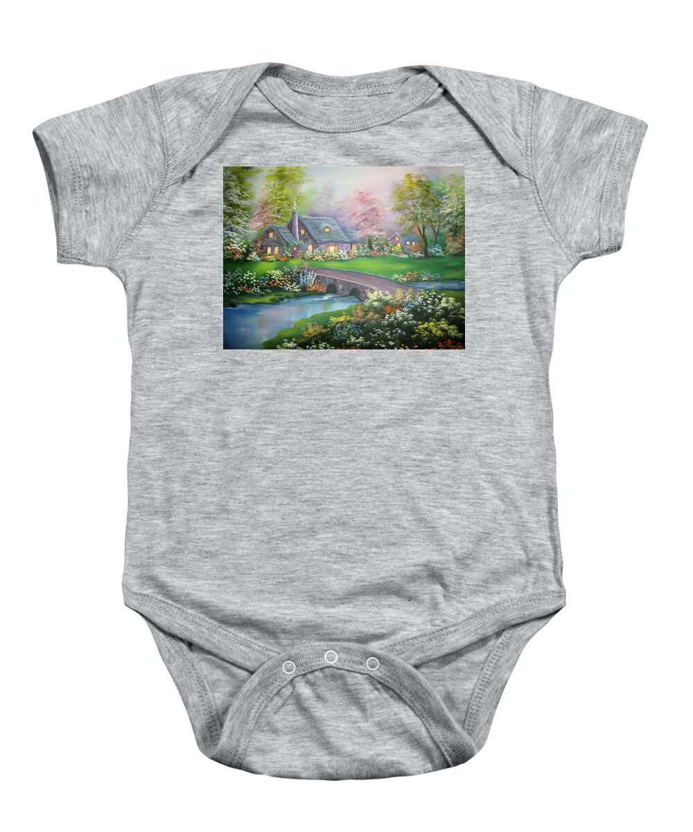 Cottage Baby Onesie featuring the painting Cottage Across the Bridge by Debra Campbell