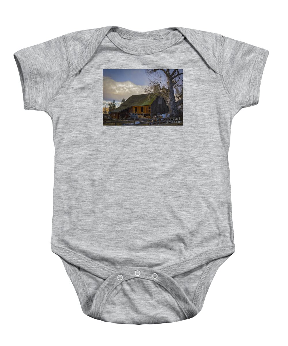 Cottonwood Barn Baby Onesie featuring the photograph Cottonwood Barn by Mitch Shindelbower