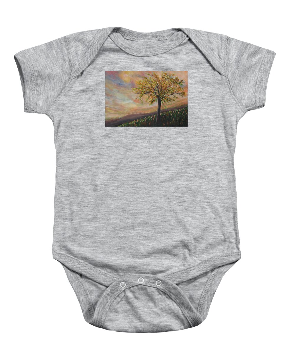 Tree Colorful With Yellows Baby Onesie featuring the painting Country Morn by Roberta Rotunda