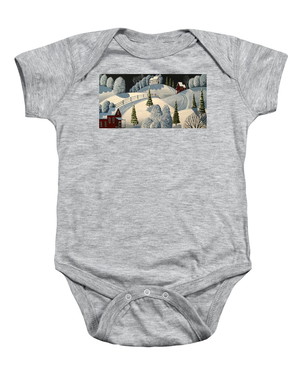 Art Baby Onesie featuring the painting Country Winter Night - folk art landscape by Debbie Criswell