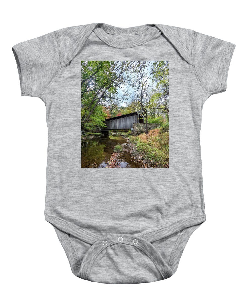 Bridge Baby Onesie featuring the photograph Covered Bridge in Pennsylvania during Autumn by Patrick Wolf
