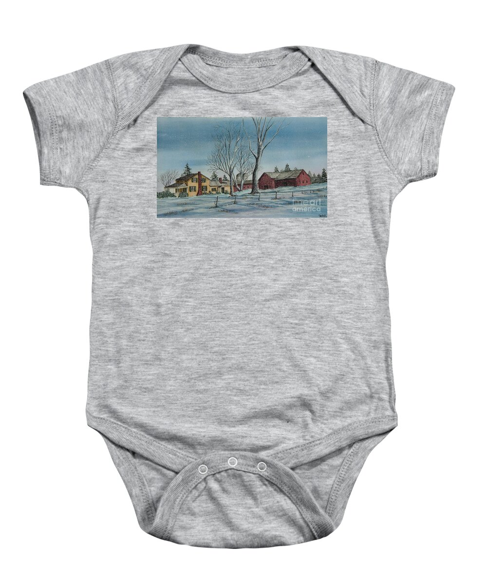 Farmhouse Baby Onesie featuring the painting Cozy Winter Night by Charlotte Blanchard