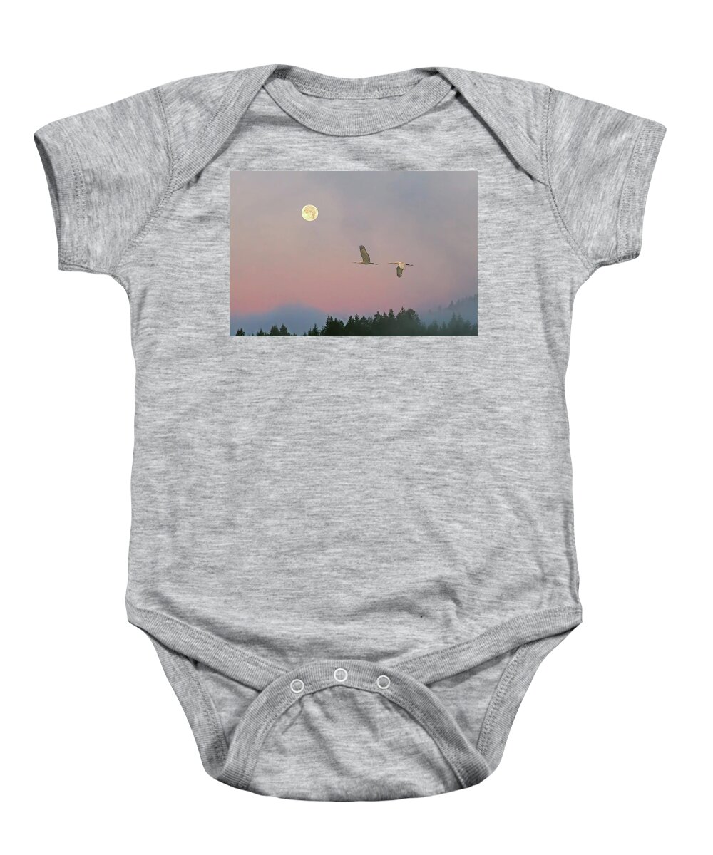 Sandhill Cranes Baby Onesie featuring the photograph Cranes and a Full Moon at Dawn by Peggy Collins