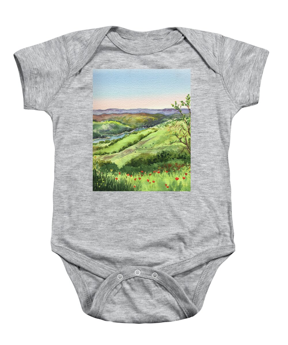 Hills Baby Onesie featuring the painting Creek In The Hills Watercolor Landscape by Irina Sztukowski