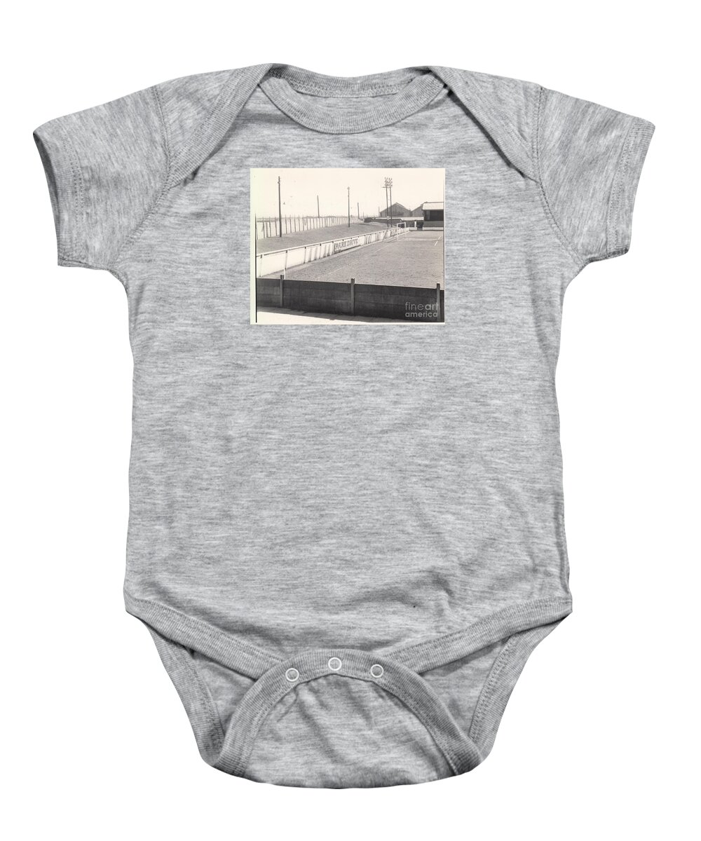  Baby Onesie featuring the photograph Crewe Alexandra - Gresty Road - Railway End 1 - BW - September 1964 by Legendary Football Grounds