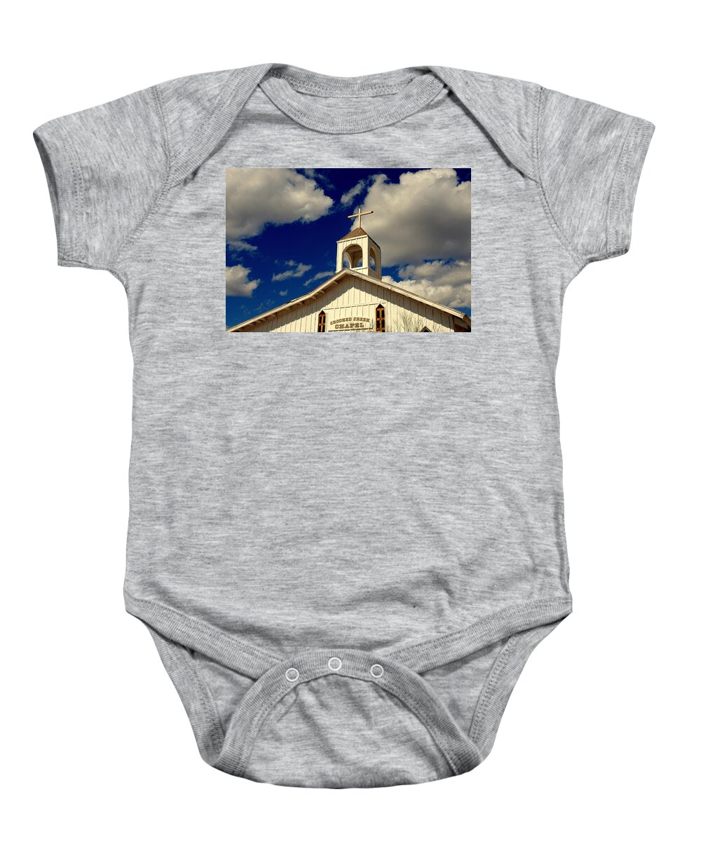 Crooked Creek Chapel Baby Onesie featuring the photograph Crooked Creek Chapel by Susanne Van Hulst