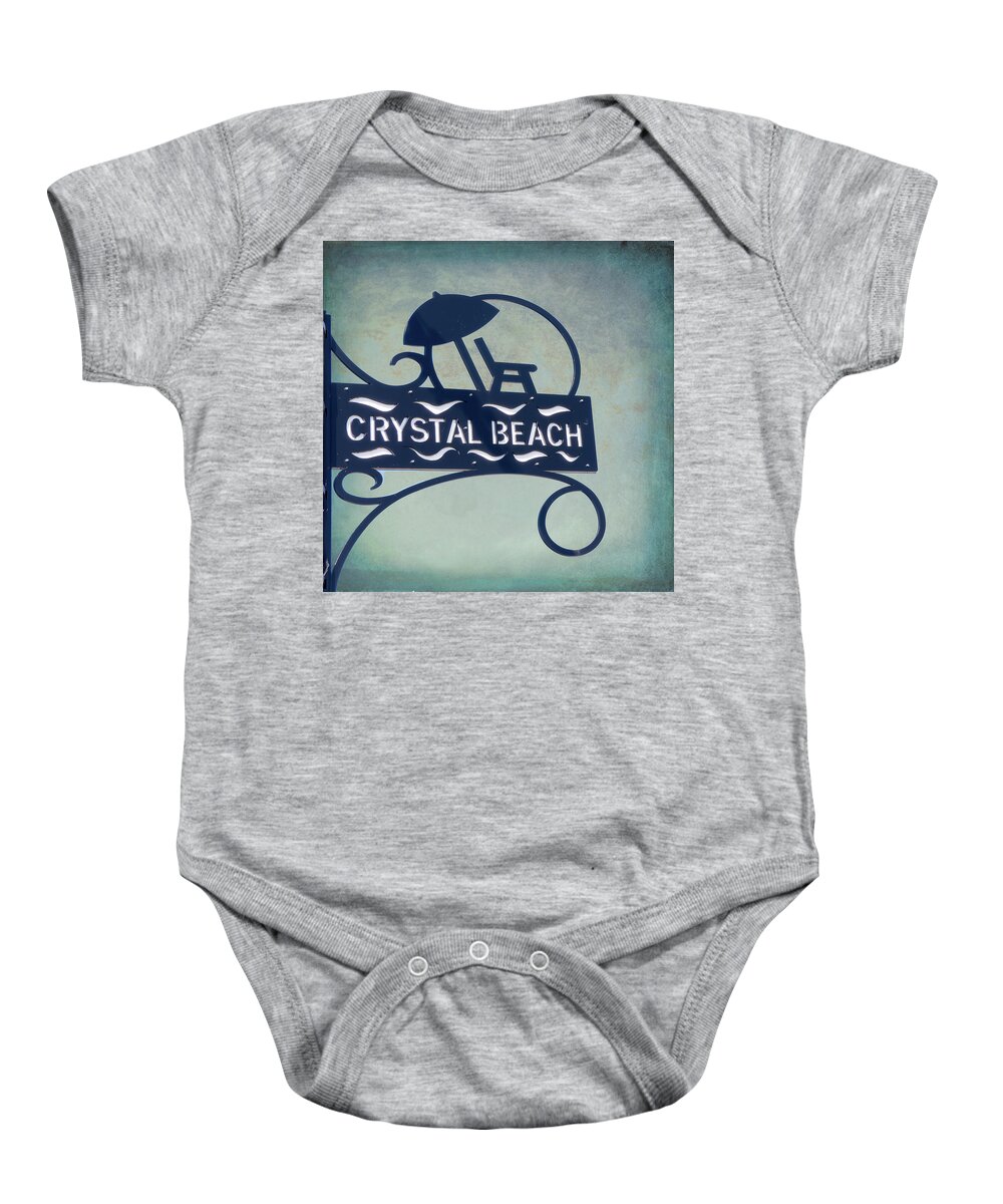 Crystal Beach Baby Onesie featuring the photograph Crystal Beach Sign by Leslie Montgomery