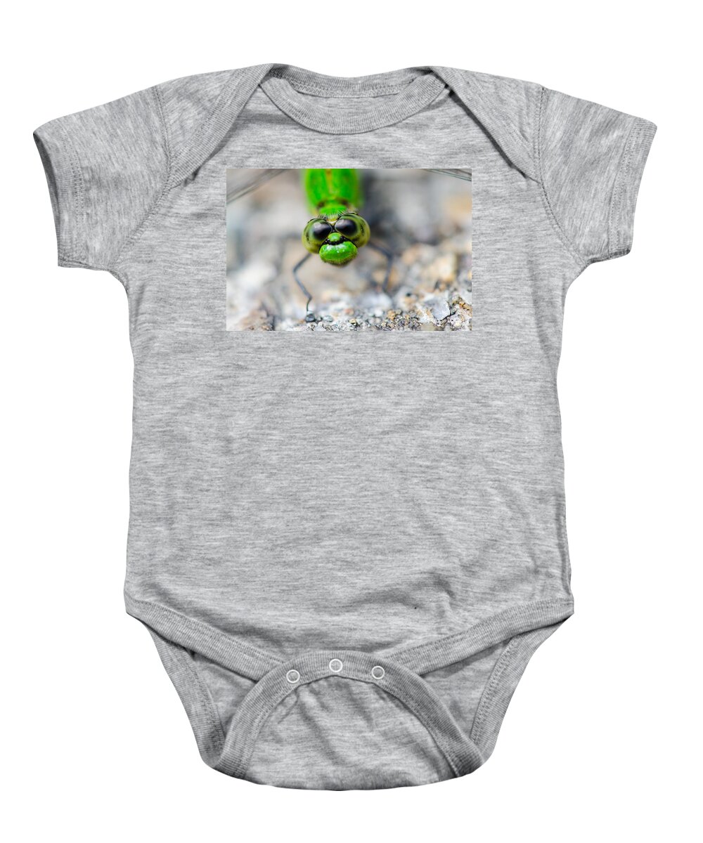 Macro Baby Onesie featuring the photograph Curious dragonfly by Linda Howes