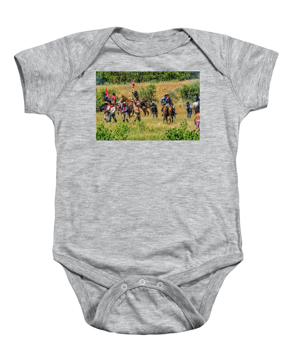 Little Bighorn Re-enactment Baby Onesie featuring the photograph Custer And His Troops Fighting The Indians 1 by Donald Pash