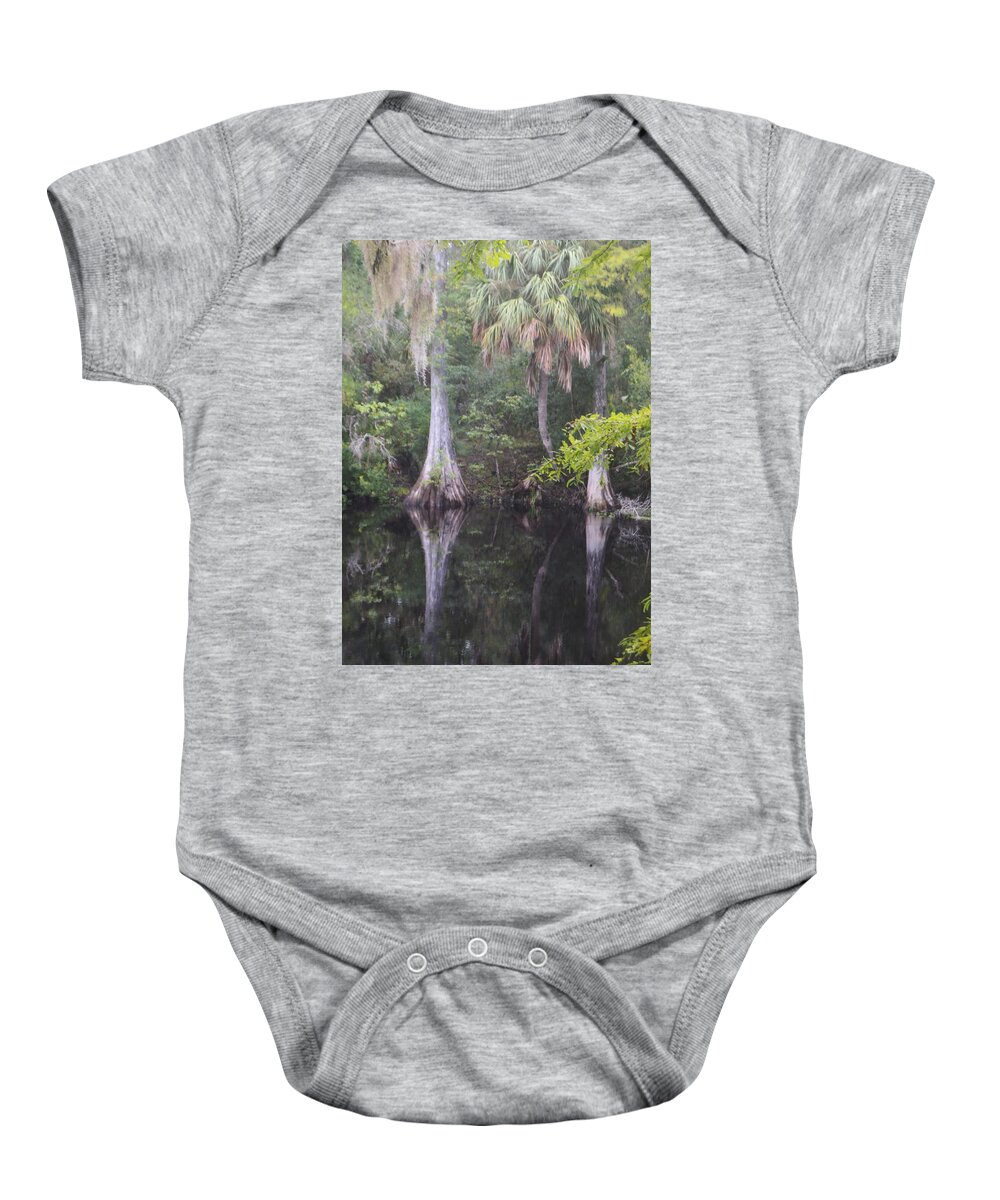 Cypress And Palm Reflections Baby Onesie featuring the photograph Cypress and Palm Reflections by Warren Thompson