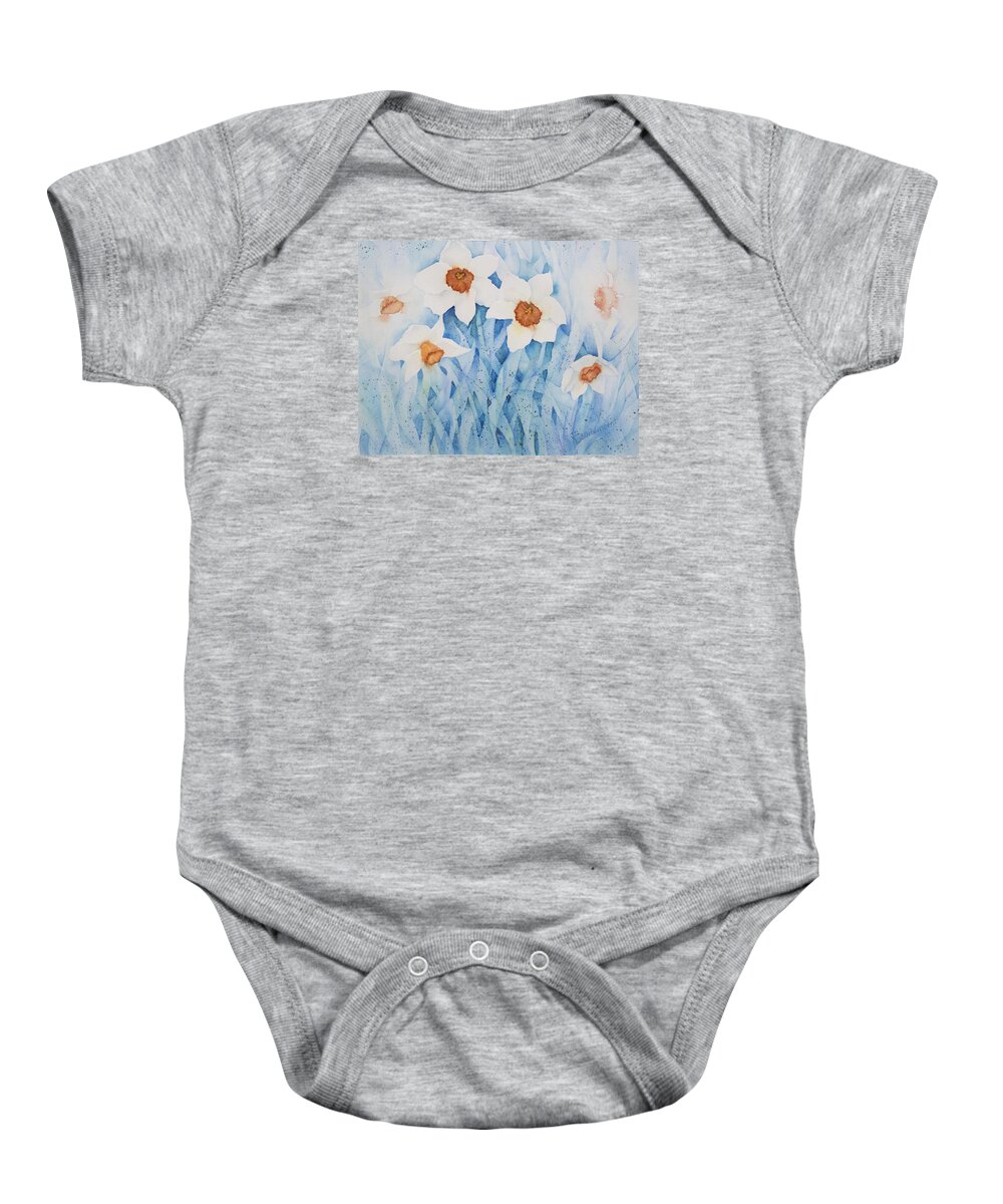 Giclee Baby Onesie featuring the painting Daffodils in Blue by Lisa Vincent