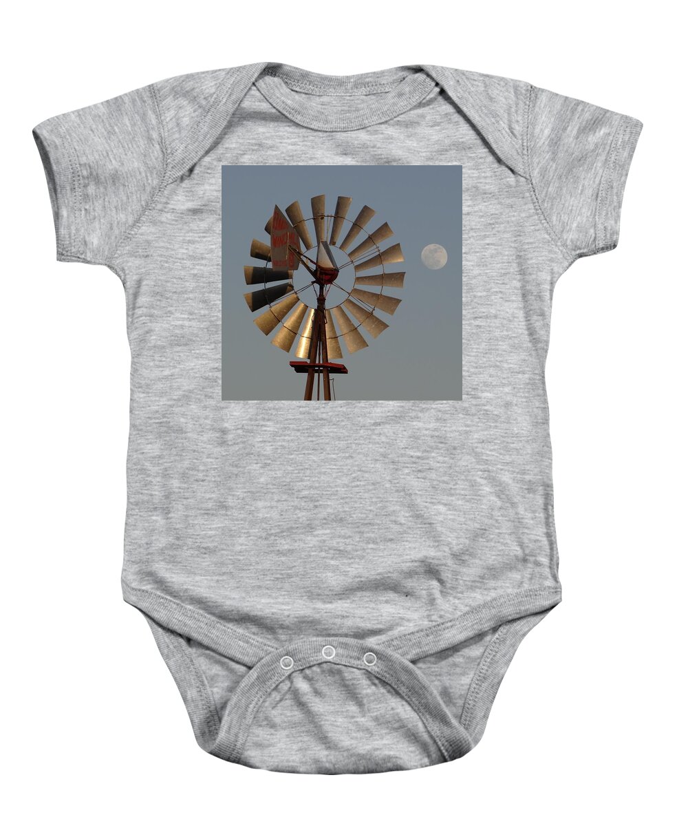 Windmill Baby Onesie featuring the photograph Dakota Windmill And Moon by Keith Stokes