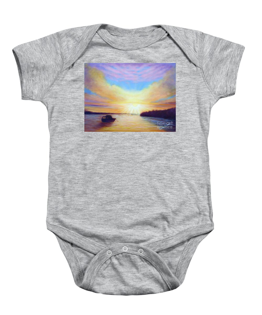 Dawn Baby Onesie featuring the painting Dawn on Pigeon Lake by Sarah Irland