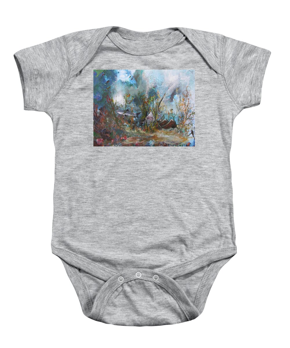 Deep Danger Ocean Water Shark Fish Weed Wave Blue Sea Acrylic On Canvas Print Seascape Seaweed Colors Sand Bottom Wreckage Wreck Baby Onesie featuring the painting Deep Danger by Miroslaw Chelchowski