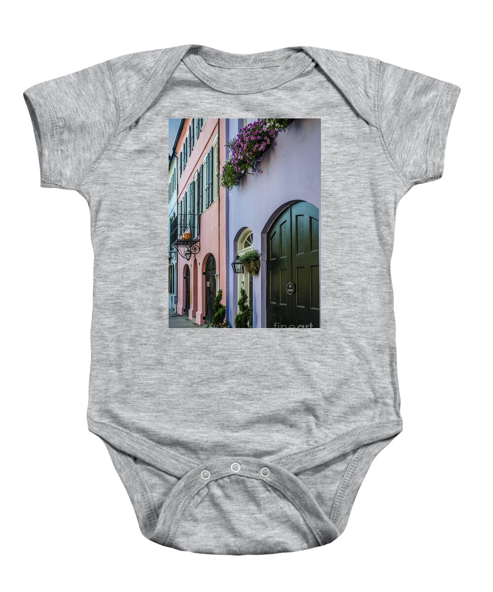 Rainbow Row Baby Onesie featuring the photograph Depicting Rainbow Row by Dale Powell