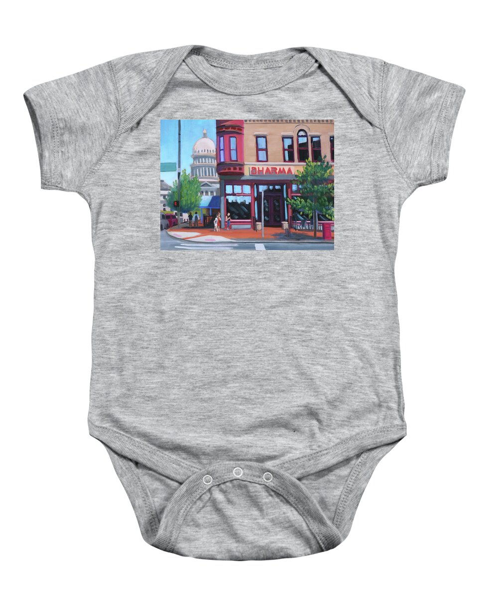 Boise Baby Onesie featuring the painting Dharma Building - Boise by Kevin Hughes