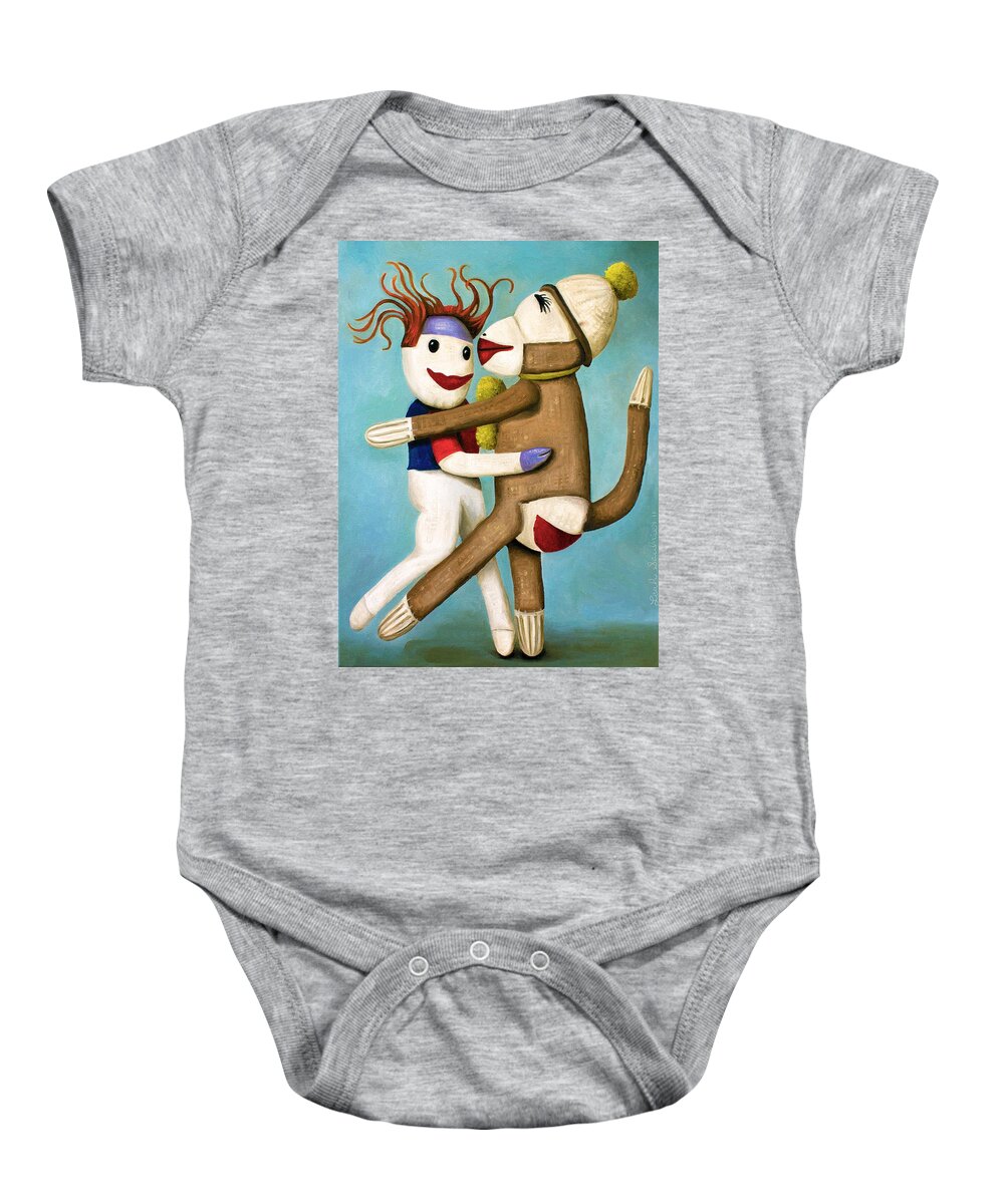 Sock Doll Baby Onesie featuring the painting Dirty Socks Dancing The Tango by Leah Saulnier The Painting Maniac
