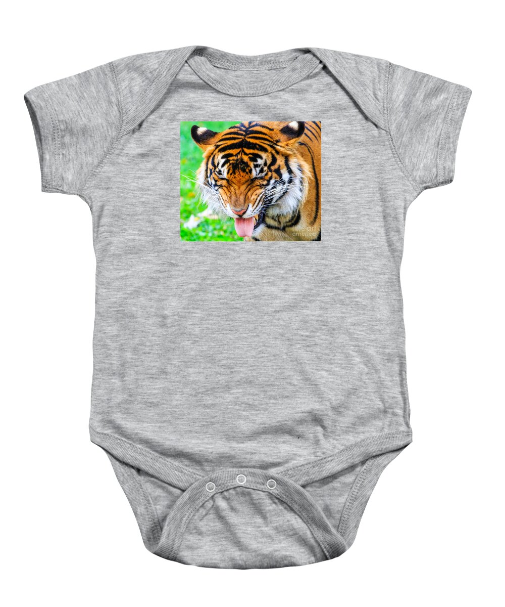 Animal Baby Onesie featuring the photograph Disgusted Tiger by Ray Shiu