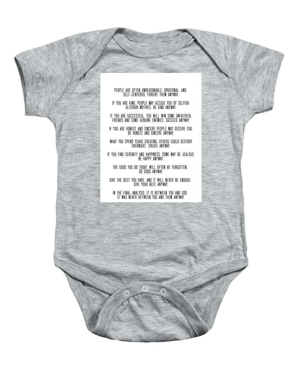 Do It Anyway Baby Onesie featuring the photograph Do It Anyway by Mother Teresa 3 #minimalism #inspirational by Andrea Anderegg
