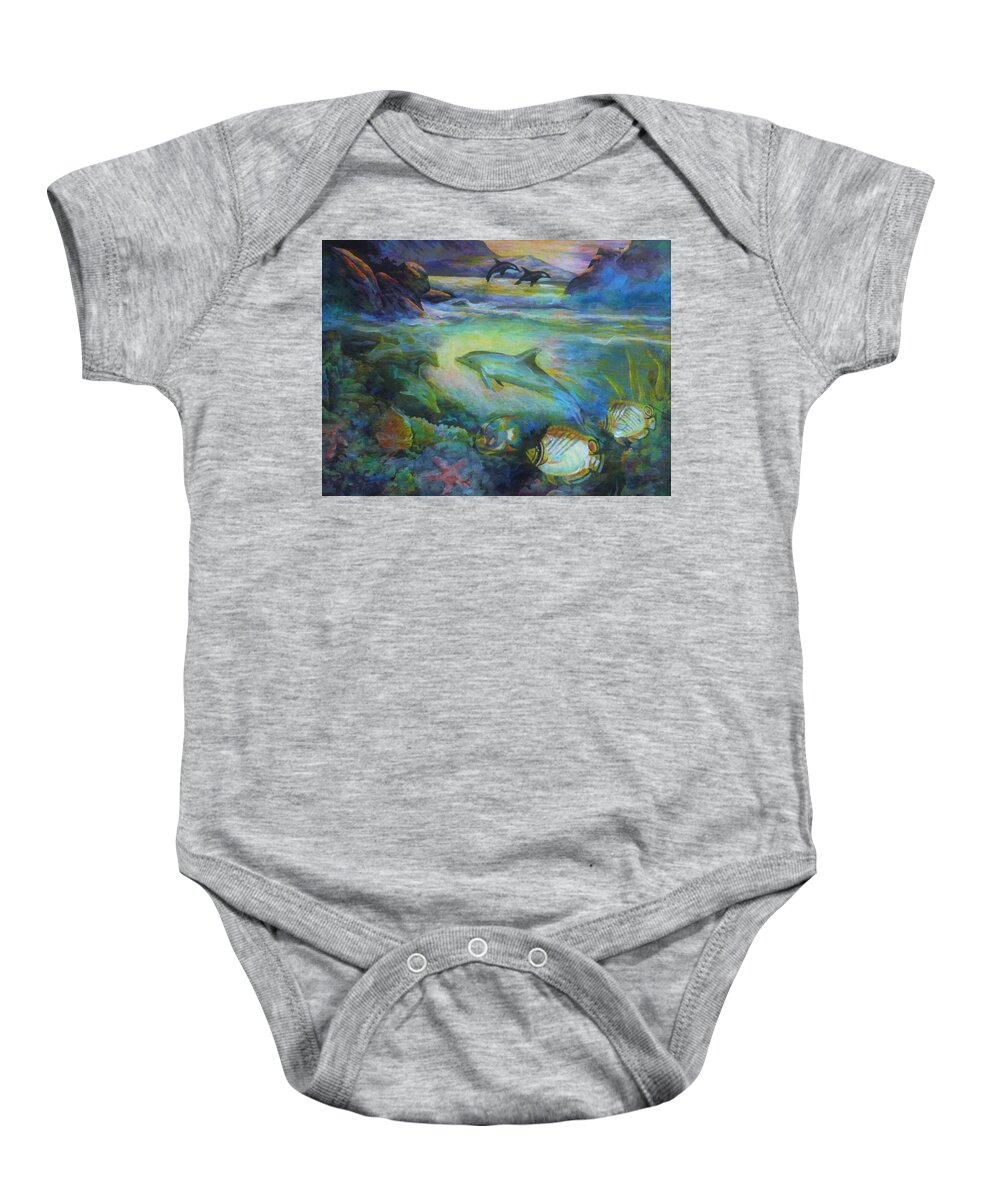 Dolphins Baby Onesie featuring the painting Dolphin Fantasy by Denise F Fulmer