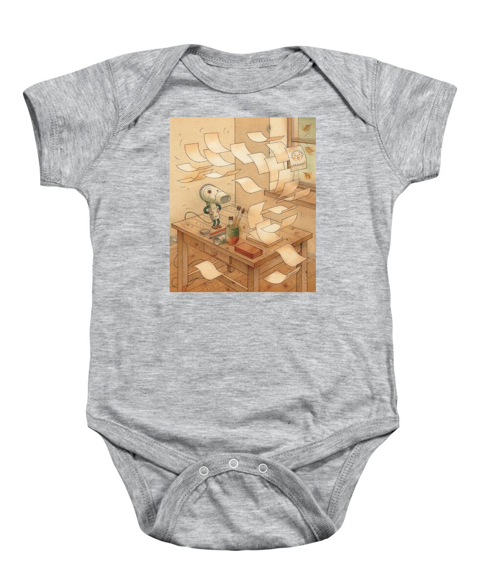 Wind Paper Autumn Storm Baby Onesie featuring the painting Domestic Wind Hairdryer by Kestutis Kasparavicius