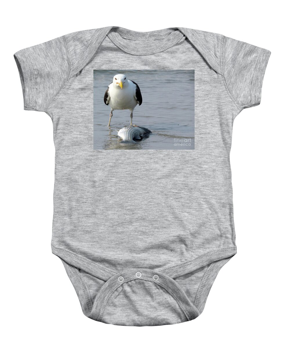 Gull Catches Fish Baby Onesie featuring the photograph Don't Even Think About It by Lori Lafargue