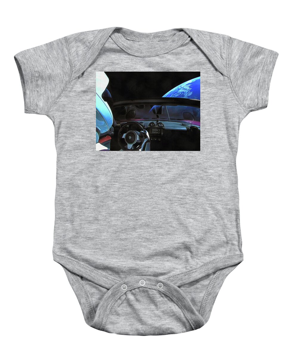 Starman Baby Onesie featuring the photograph Dont panic - Tesla in Space by SpaceX