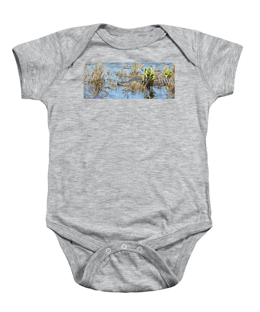 Darin Volpe Animals Baby Onesie featuring the photograph Don't Think I Don't See You There - American Alligator at Merritt Island National Wildlife Refuge by Darin Volpe