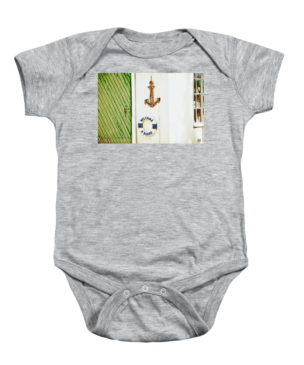 Welcome Aboard Baby Onesie featuring the photograph Door and Welcome Aboard by Gina O'Brien