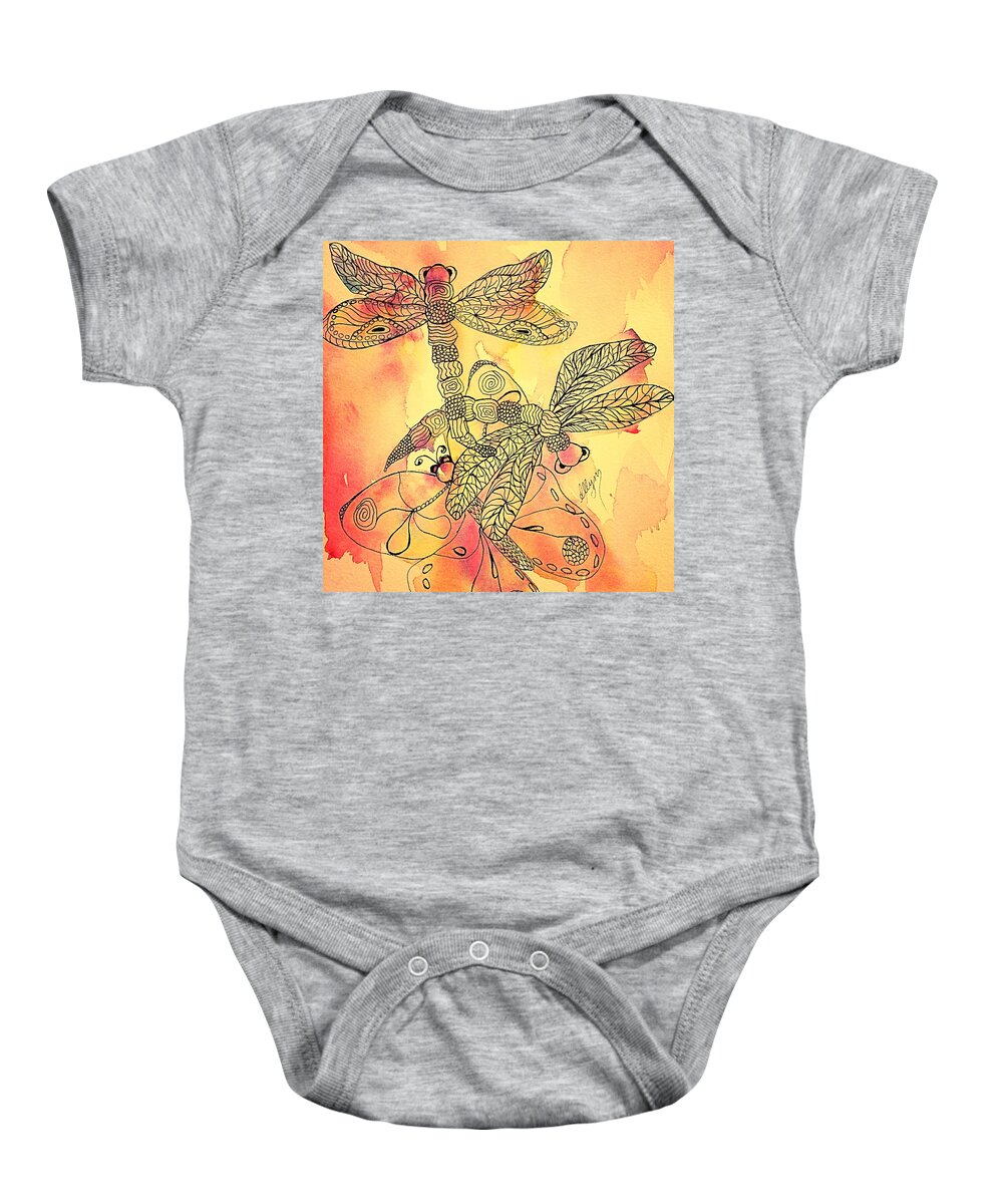 Dragonflies Baby Onesie featuring the painting Dragonflies and Butterfly Peach Square by Ellen Levinson