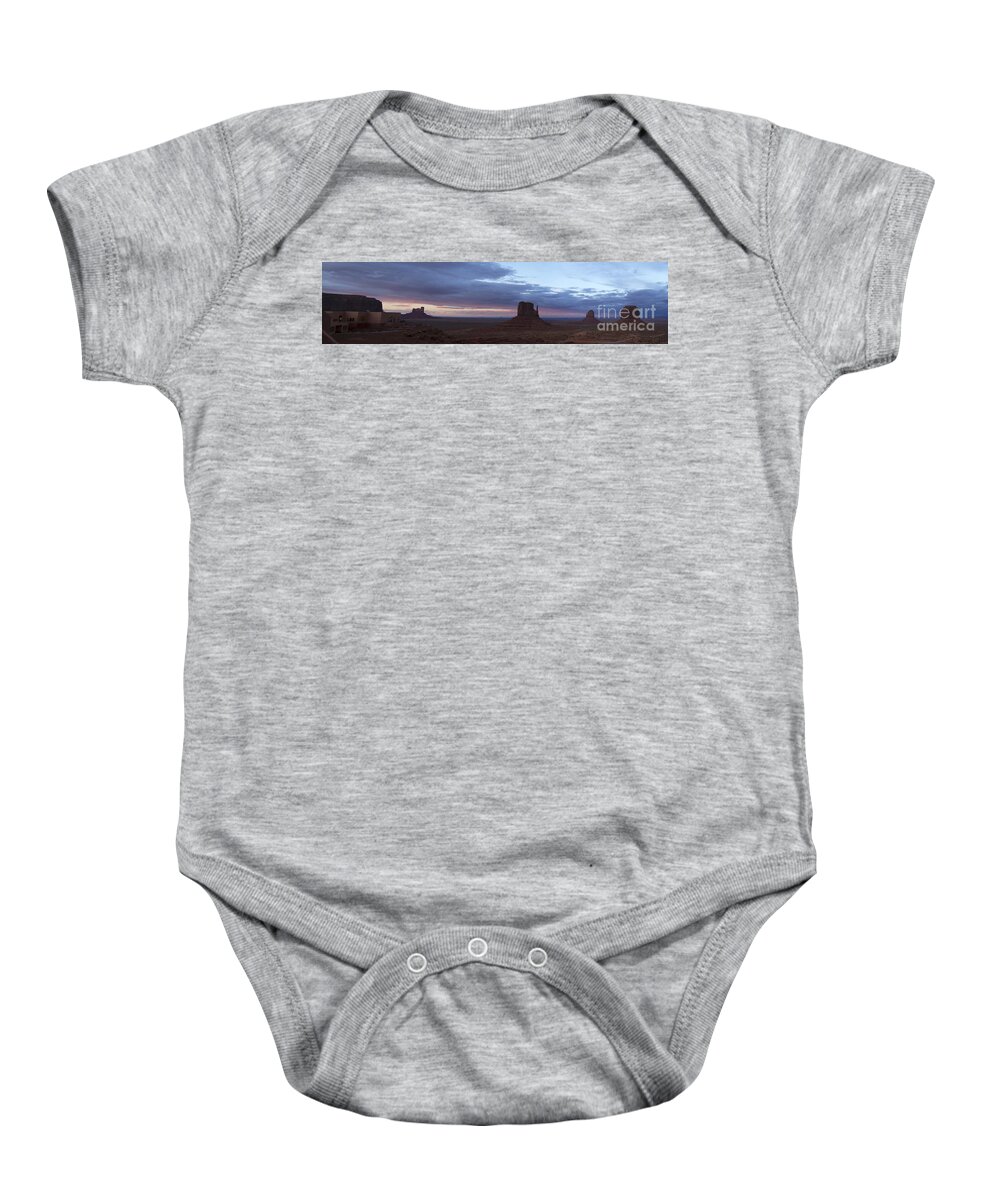 Arizona Baby Onesie featuring the photograph Dramatic Sunset at Monument Valley by Karen Foley