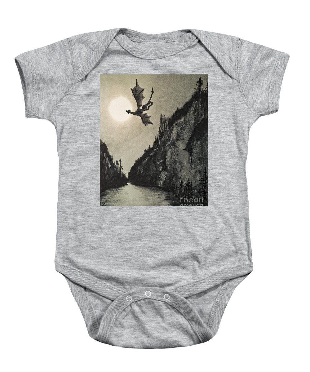 Dragon Baby Onesie featuring the painting Drogon's lair by Suzette Kallen