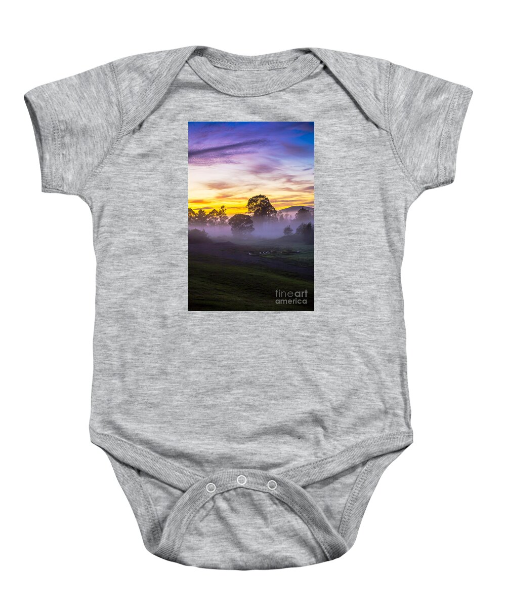 Paddockmorning Mist Baby Onesie featuring the photograph Early morning mist by Sheila Smart Fine Art Photography