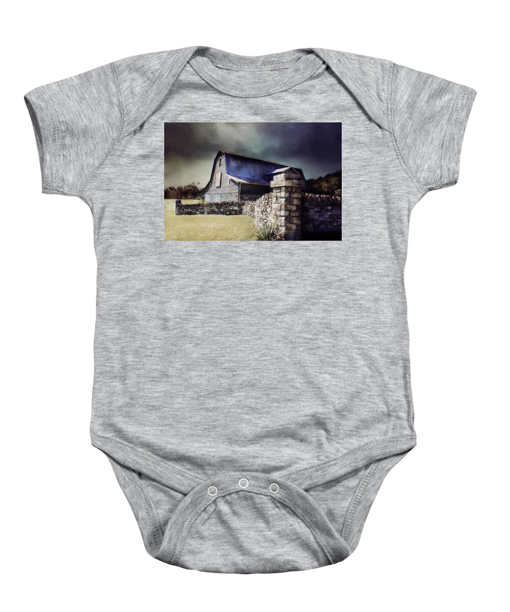 #barn Baby Onesie featuring the photograph Empyrean Estate stone wall by Julie Hamilton