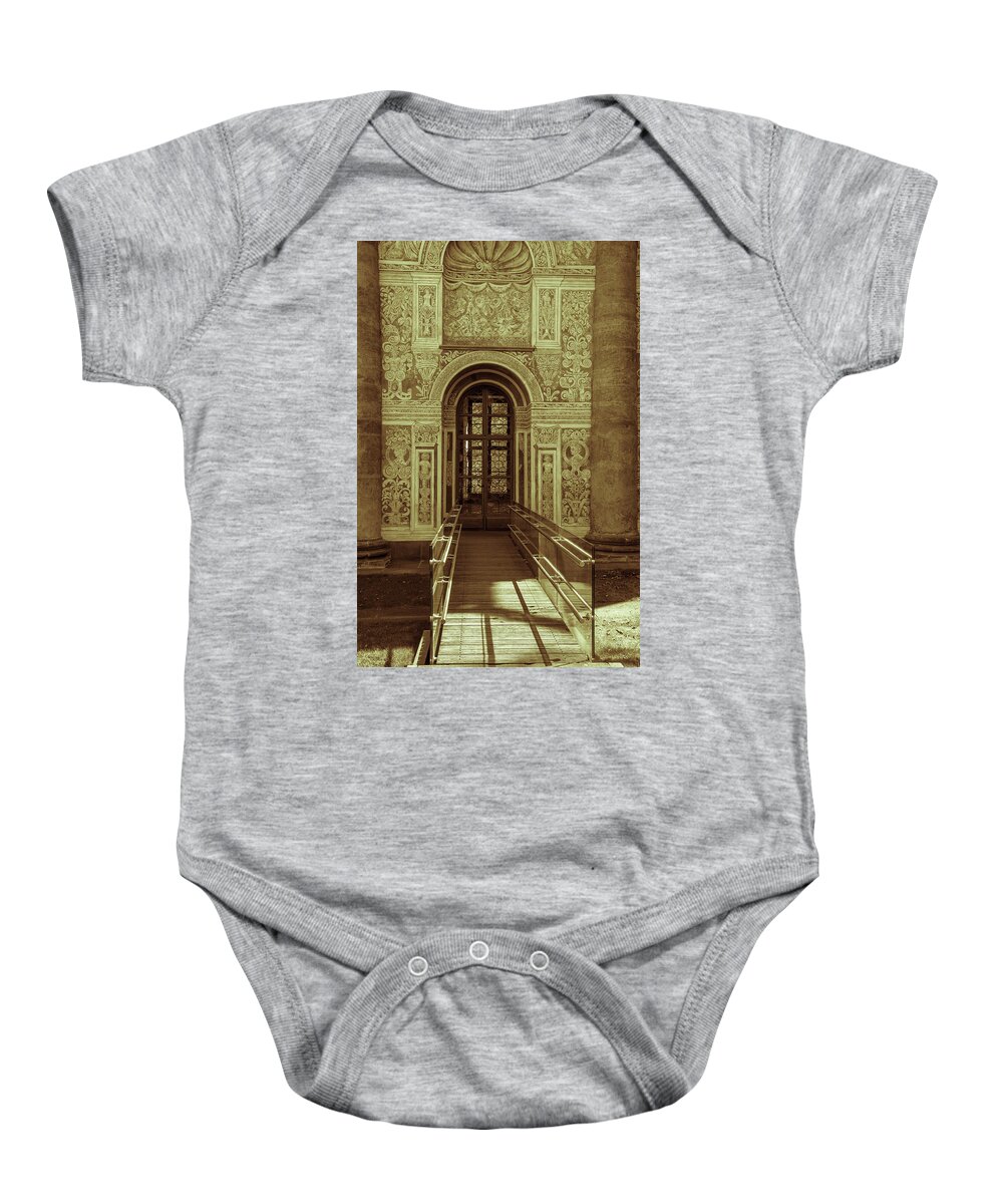 Jenny Rainbow Fine Art Photography Baby Onesie featuring the photograph Entrance to Ball Game Hall. Vintage by Jenny Rainbow