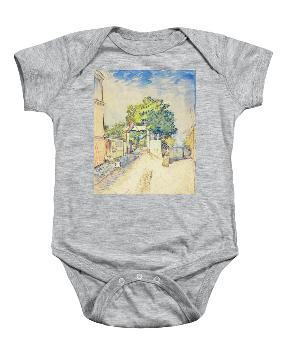 Entrance To The Moulin De La Galette Paris Baby Onesie featuring the painting Entrance to the Moulin de la Galette Paris by MotionAge Designs