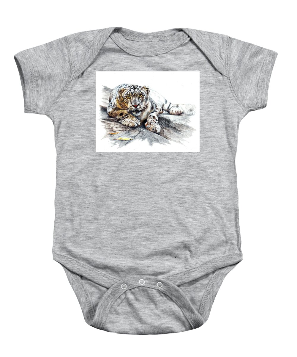 Snow Leopard Baby Onesie featuring the drawing Ethereal Spirit by Peter Williams