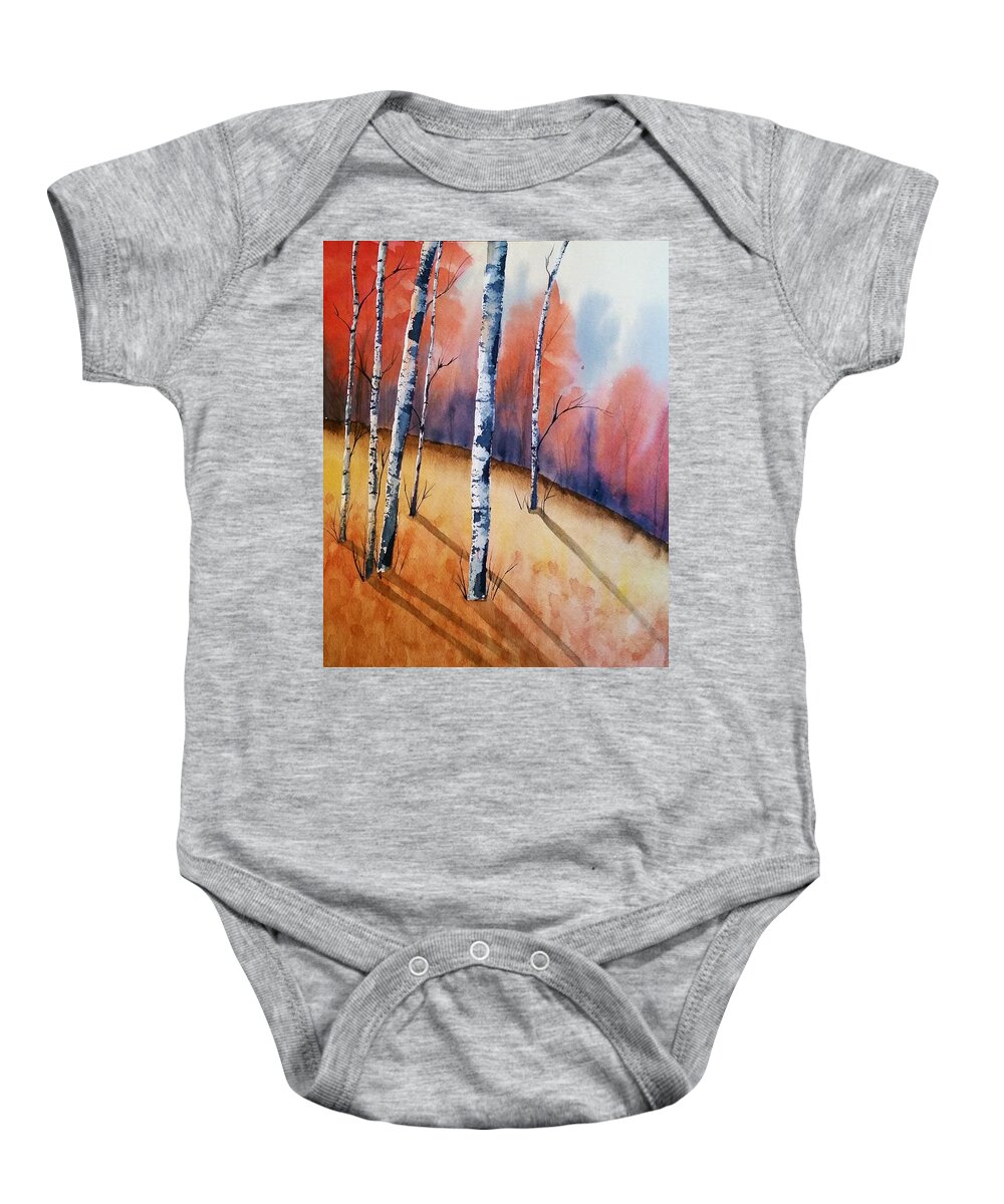 Watercolor Baby Onesie featuring the painting Fall In The Birches by Brenda O'Quin