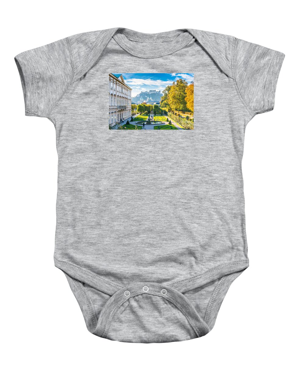 Alps Baby Onesie featuring the photograph Famous Mirabell Gardens with historic Fortress in Salzburg, Aust by JR Photography