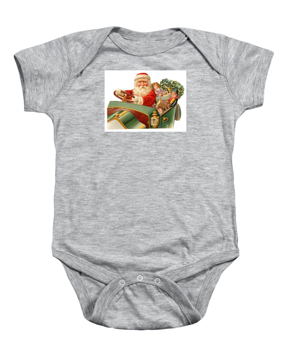 Father Christmas Baby Onesie featuring the painting Father Christmas AKA Santa Claus delivering presents in his automobile early vintage poster by Vintage Collectables