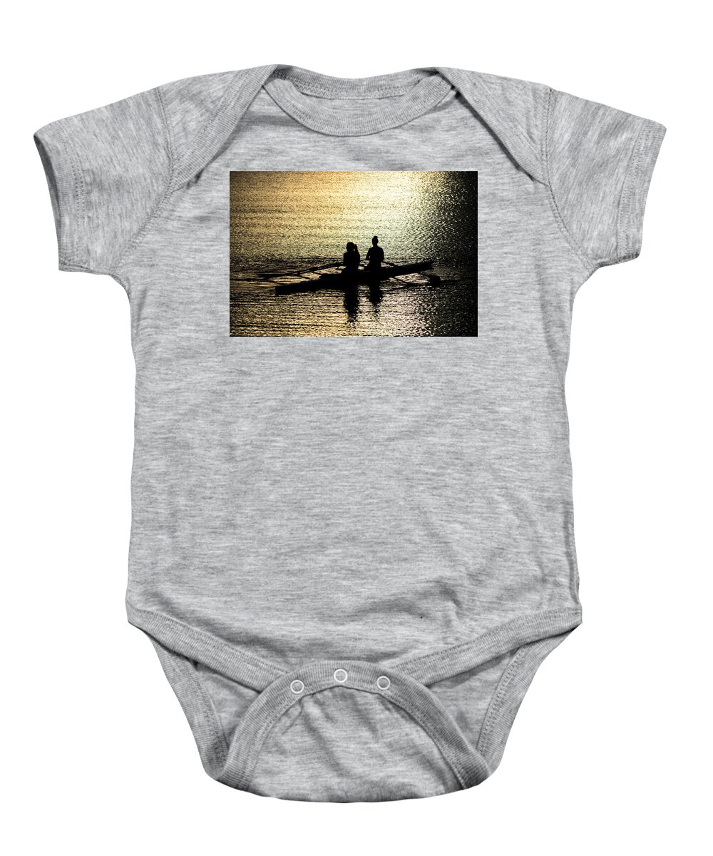 Rowing Boat Baby Onesie featuring the photograph Female Rowers on Sunset Lake by Andreas Berthold