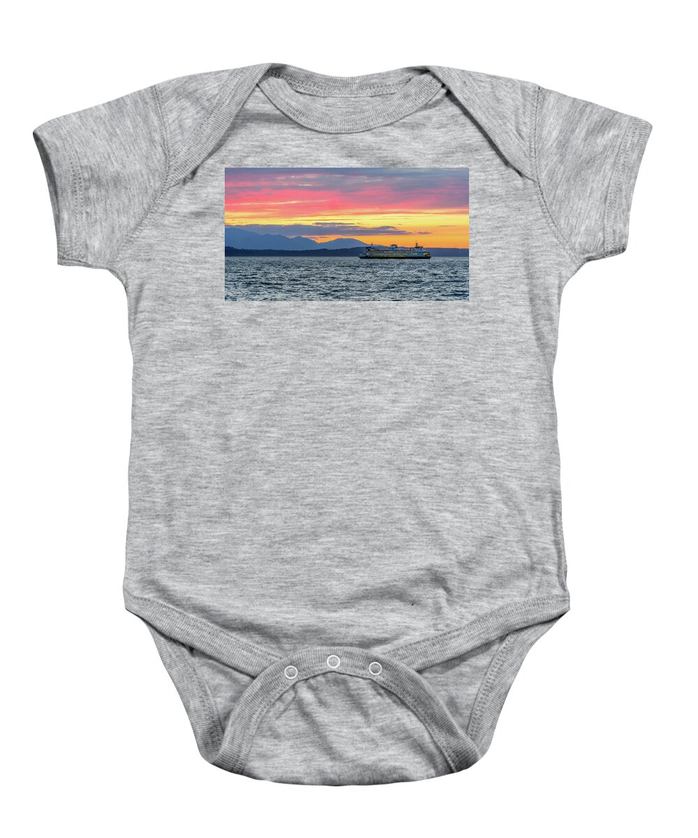 Sunset Baby Onesie featuring the digital art Ferry In Puget Sound by Michael Lee