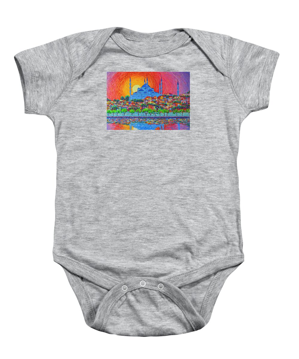 Istanbul Baby Onesie featuring the painting Fiery Sunset Over Blue Mosque Hagia Sophia In Istanbul Turkey by Ana Maria Edulescu
