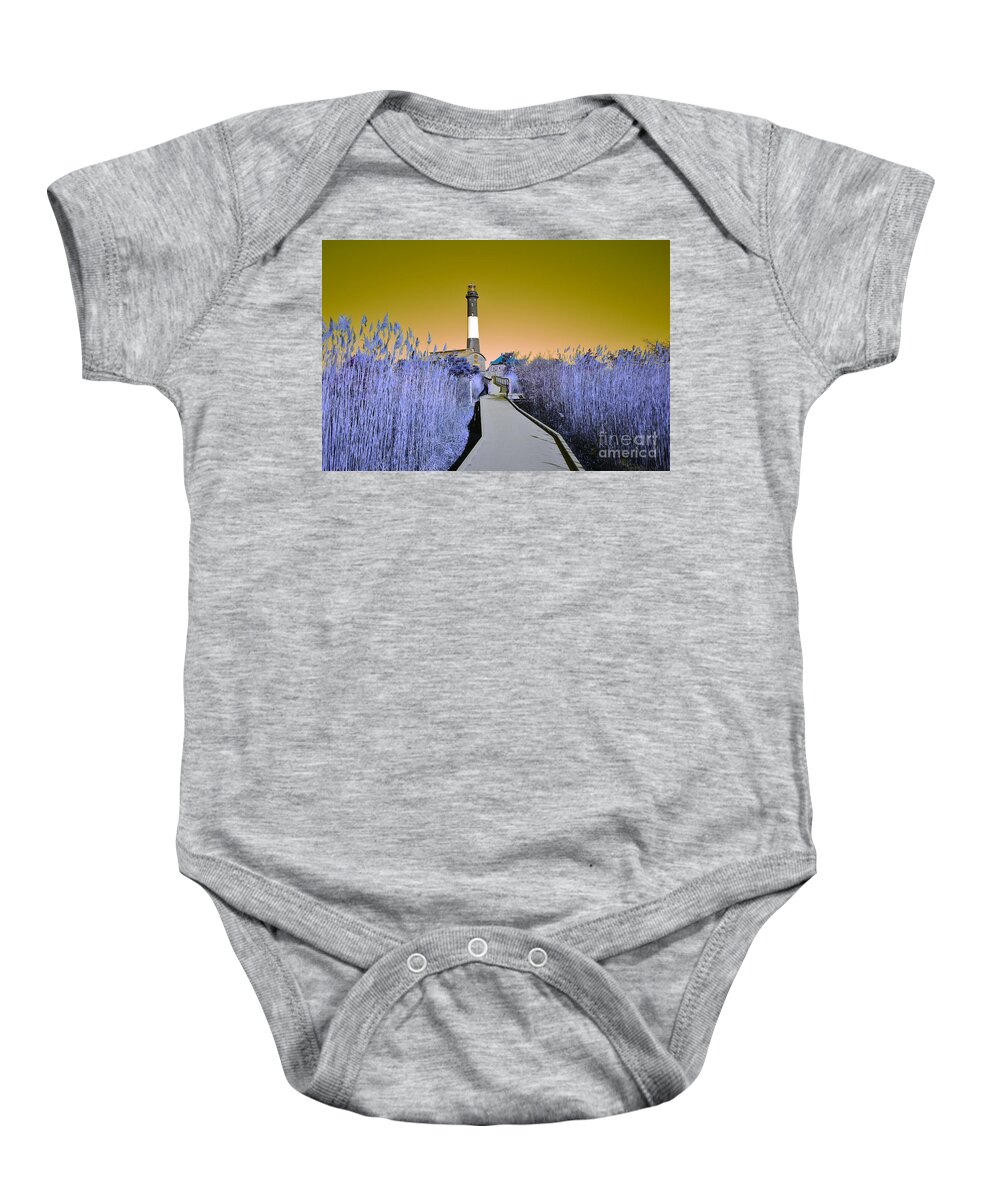 Abstract Baby Onesie featuring the photograph Fire Island Lighthouse Gold and Purple by Stacie Siemsen