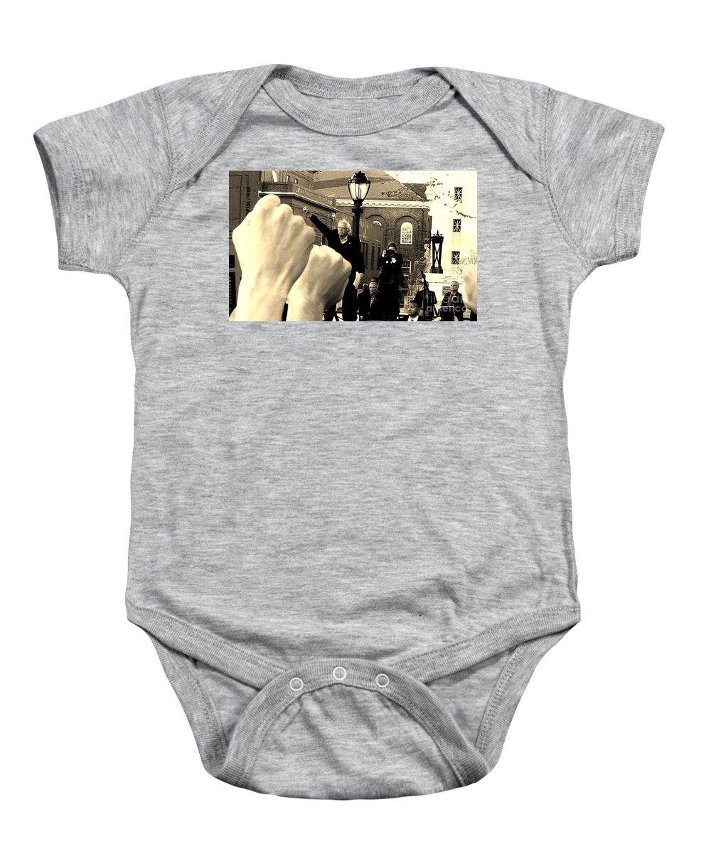 Feel The Bern Baby Onesie featuring the photograph Fists Up, Bernie Sanders, New Haven, CT by Dani McEvoy