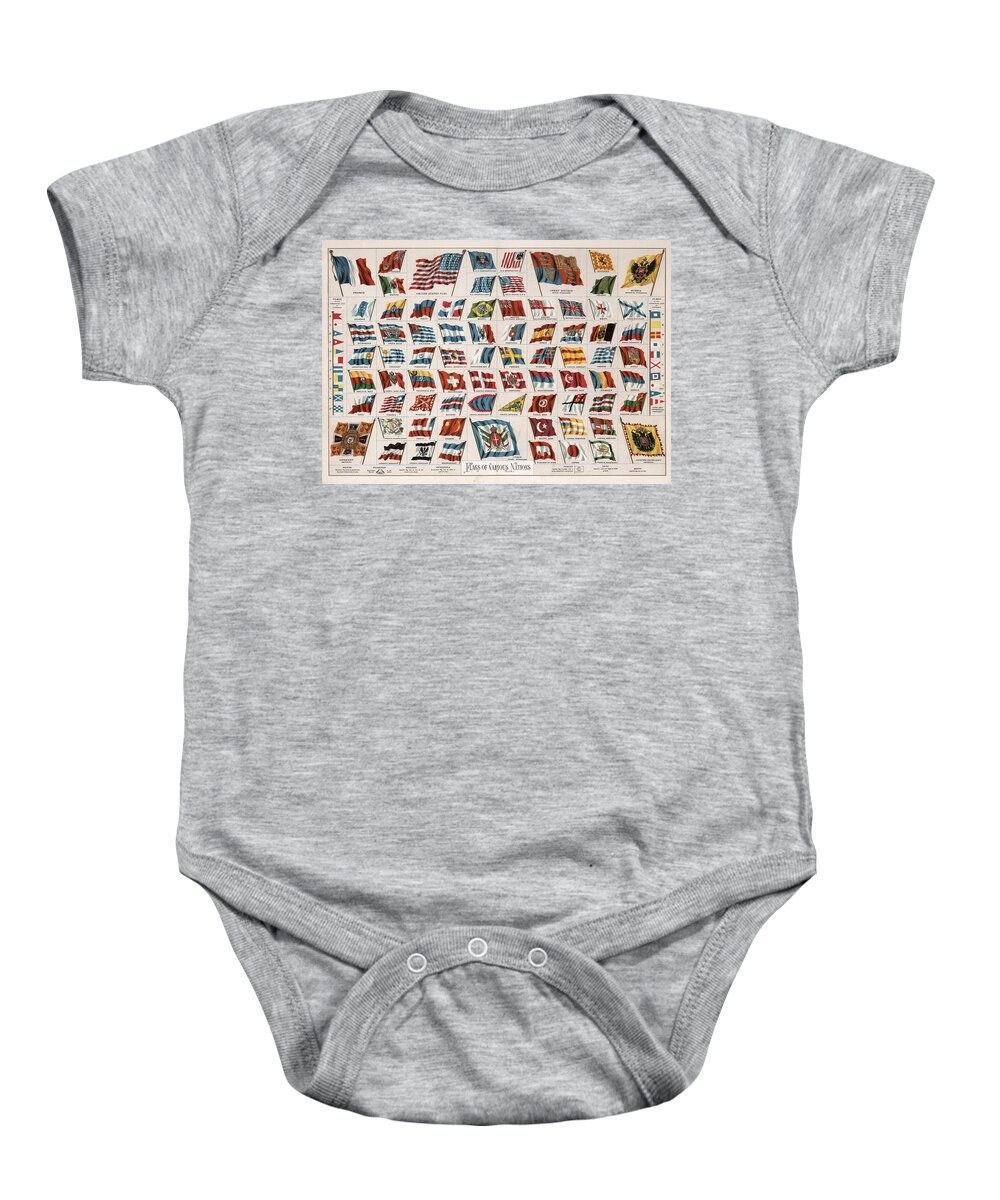 Flags Of Nations Baby Onesie featuring the drawing Flags of Various Nations - Antique maps - Historical Maps by Studio Grafiikka