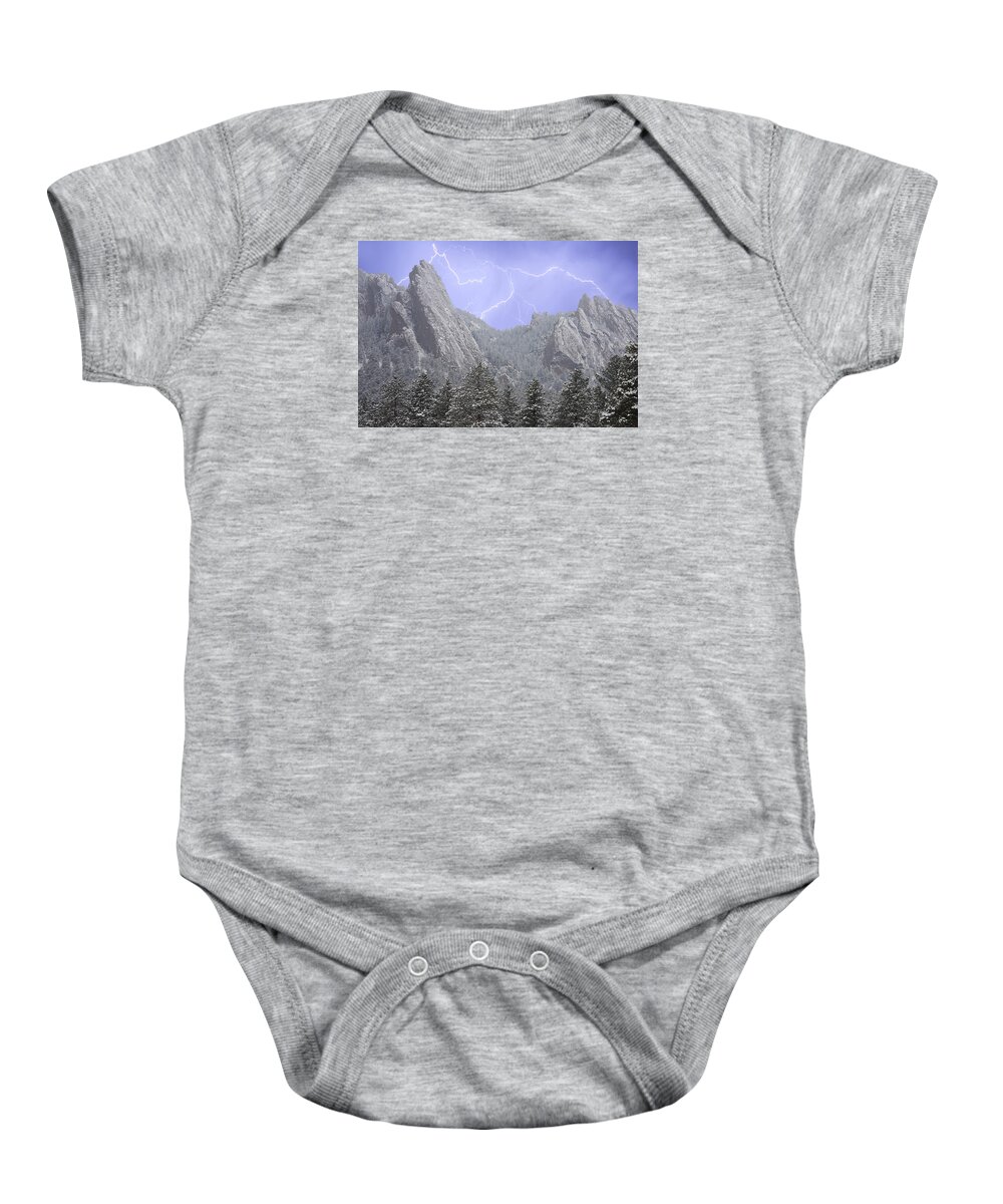 Flatirons Baby Onesie featuring the photograph Flatirons Lightning by James BO Insogna