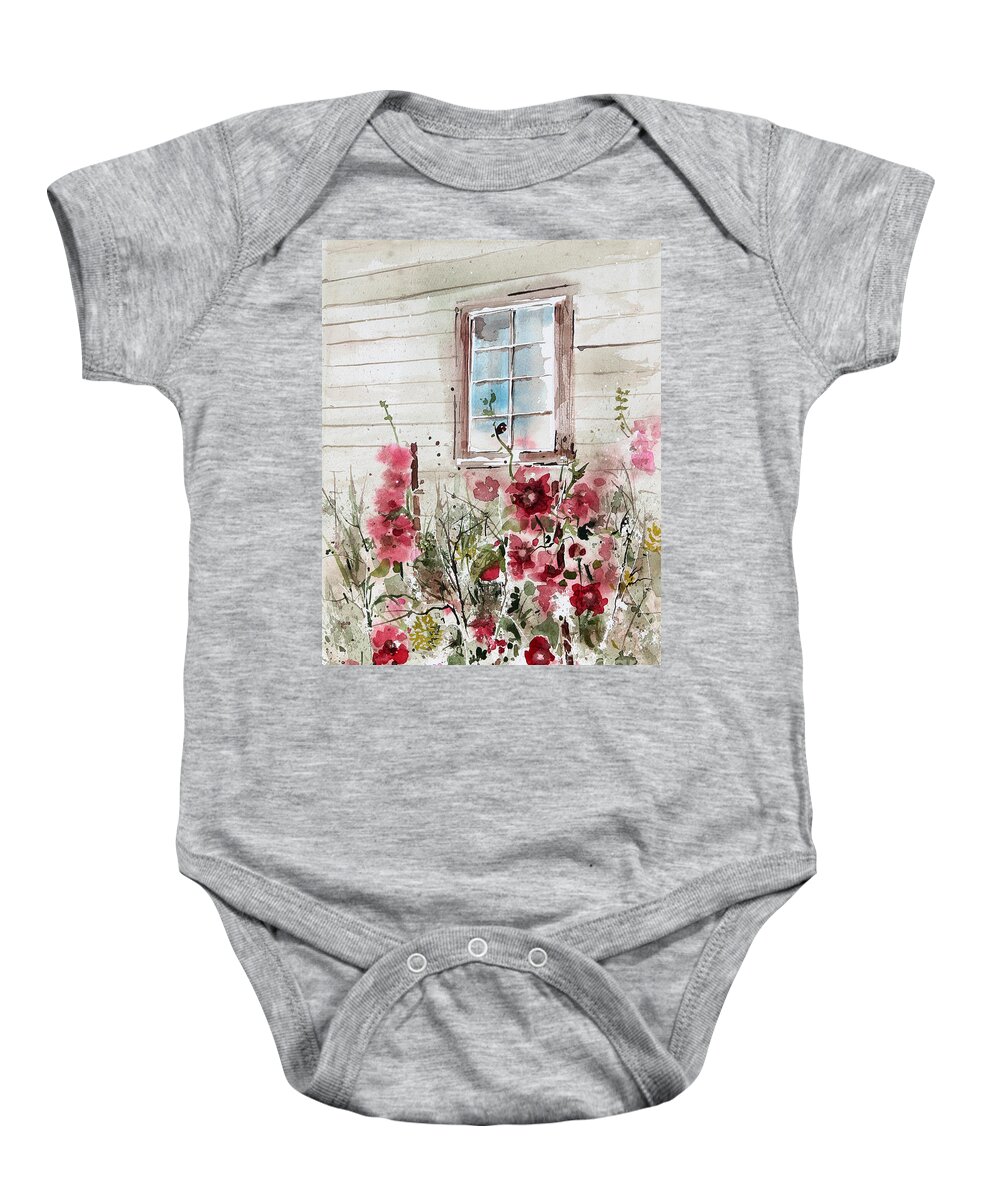 An Assortment Of Red And Pink Flowers Outside A Window Baby Onesie featuring the painting Flower Garden by Monte Toon